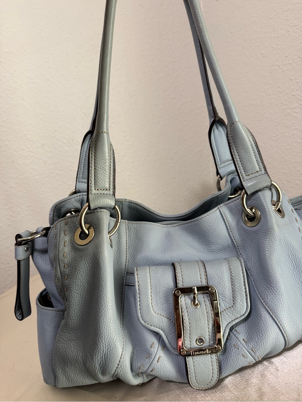 Tignanello Light Blue Leather Shoulder Bag with Buckle Accent